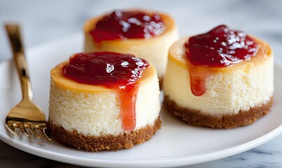 Three mini cheesecakes topped with berry sauce