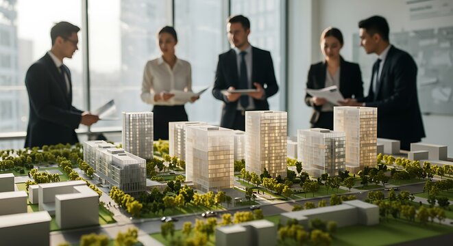 Architectural team reviewing a cityscape model with focus on urban development planning
