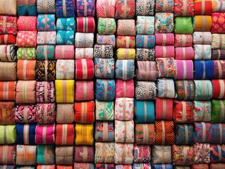 A collection of rolled fabrics in various colors and patterns fills the display at a market. The vibrant hues showcase intricate designs, attracting shoppers and enhancing the lively atmosphere.