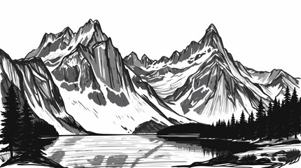 Black and White Mountain Landscape Illustrations with Forest and Lake Views