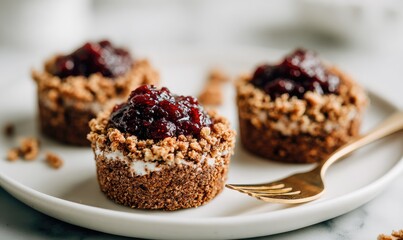 Three small, topped desserts on a plate