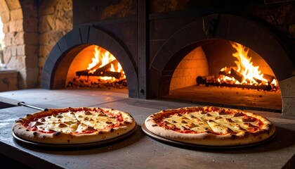 Pizza baking in a stone oven