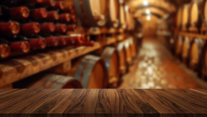 Dark wooden worktop or tabletop with blurred background of a rustic wine cellar full of barrels and bottles. Perfect for wine branding mockups.