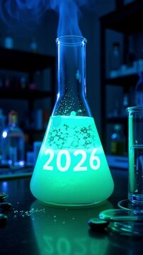 Witness glowing neon year '2026' submerged in bubbling fluorescent liquid within a dim laboratory setting, captured in mesmerizing verticle footage showcasing experimental science.