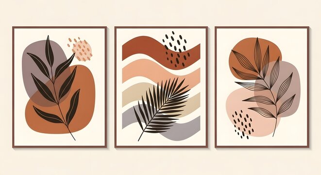 Abstract art prints set of three botanical wall art neutral tone modern art minimalist design