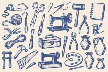 Hand drawn vector illustration featuring a collection of art and craft tools in doodle style