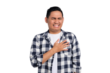 Health problem. Unhealthy young Asian man in casual shirt suffering from chest pain with painful expression isolated on transparent background