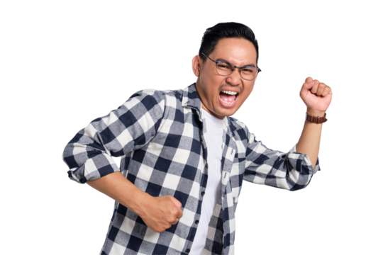 Excited young Asian man in casual shirt doing running pose with happy facial expression isolated on transparent background