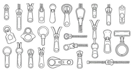 Vector illustration of zipper pull designs, fashion accessory concepts for apparel, flat line art style for design