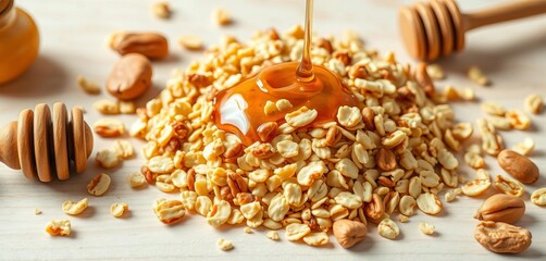 Golden oats, chopped nuts, honey drizzle on a light wood background ,  cereal,  morning