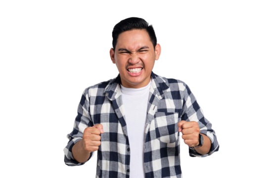 Annoyed young Asian man in casual shirt raising his hands with angry expression isolated on transparent background