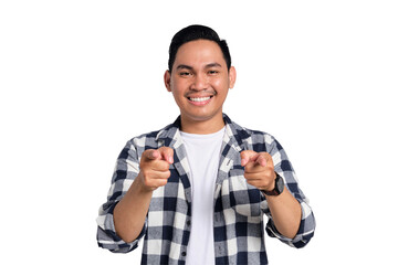 Fototapeta premium Hey, you! Cheerful young Asian man in casual shirt pointing index finger at camera isolated on transparent background