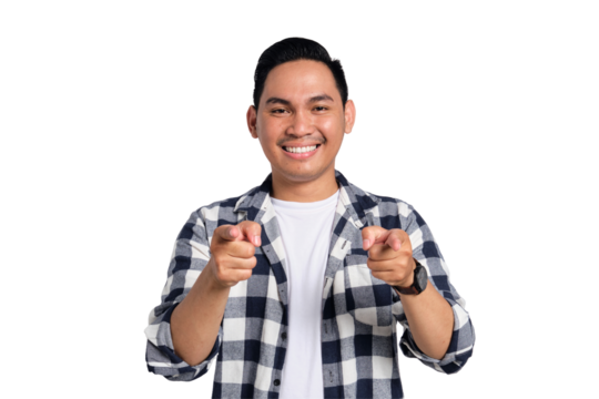 Hey, you! Cheerful young Asian man in casual shirt pointing index finger at camera isolated on transparent background