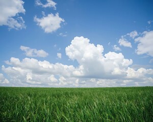 Obraz premium Serene landscape of a vast green field under a bright blue sky dotted with fluffy white clouds.