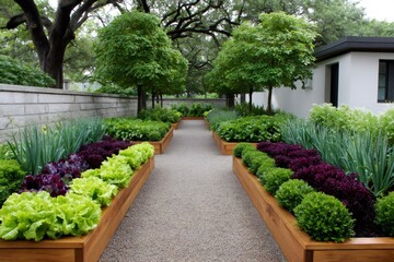 Fototapeta premium Gravel path dividing lush vegetable and herb garden beds
