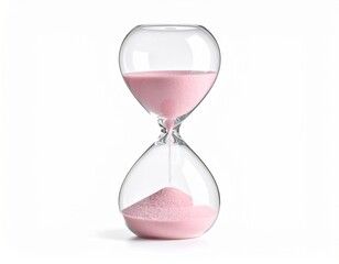 A glass hourglass with pink sand on a white background.
