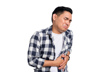 Abdominal Pain. Unhealthy young Asian man in casual shirt suffering from stomachache isolated on transparent background. Health problem concept