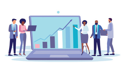 Fototapeta premium Business team presenting growth chart on laptop screen in a collaborative meeting setting illustration