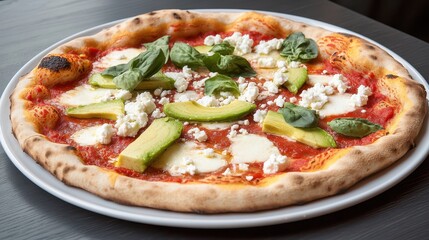 Delicious Pizza Topped with Cheese Avocado and Spinach in Inviting Setting
