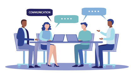 People are sitting around a table with laptops and speech bubbles indicating communication in a meeting room