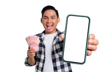 Cashback, Easy Online Money Transfer Concept. Happy young Asian man in casual shirt holding smartphone with blank screen and money isolated on transparent background