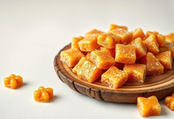 Golden-brown pe de moleque candies arranged on rustic wooden plate, light background,   peanut,  traditional