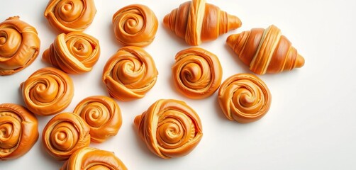 Golden-brown croissant swirls arranged in a pleasing pattern on a pristine white surface,  still life,  cafe