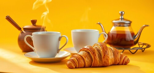 Golden hour light bathes steaming teacups, honey pot, and flaky croissants on vibrant yellow backdrop,  breakfast,  croissant