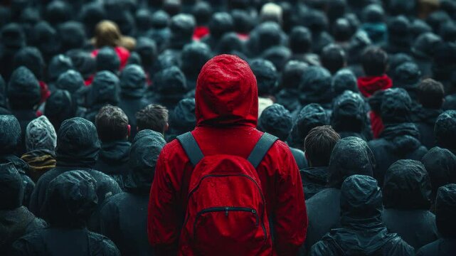 Crowd gathers in the rain as a lone figure in a red jacket stands out during a protest at dusk
