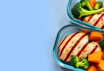 Grilled chicken, sweet potato, & broccoli in glass meal prep containers,   lunch,   balanced meal