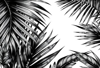 Hand-drawn black & white tropical palm leaves; realistic botanical vector illustrations , graphics, monochrome
