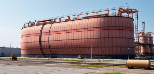 Giant cylindrical crude oil storage tank on industrial site,  steel,  cylinder