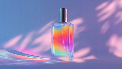 Vibrant perfume bottle in iridescent light