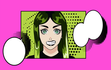 Pop art vecto of a green-haired girl with big turquoise eyes, halftone dots, bold outlines, comic speech bubbles, and a black shirt over a lime-green background.