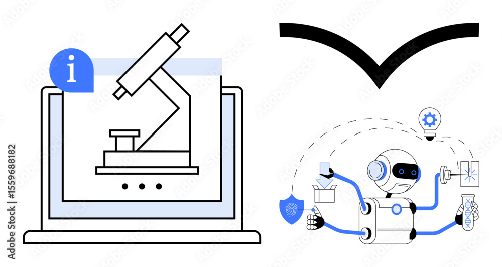 Poster microscope displayed on a laptop screen and a multi-tasking robot with tools and icons. ideal for sc