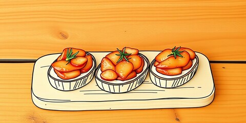 Hand-drawn line art of three canapés on a wooden board,  tray,  clipart