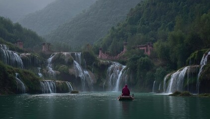 Misty mountain waterfalls and a solitary figure