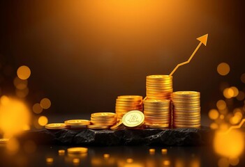 Golden coins on a growing upward graph, depicting long-term investment growth,   financial freedom, coins