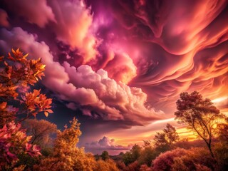 Dramatic Sky with Colorful Clouds over Autumn Landscape