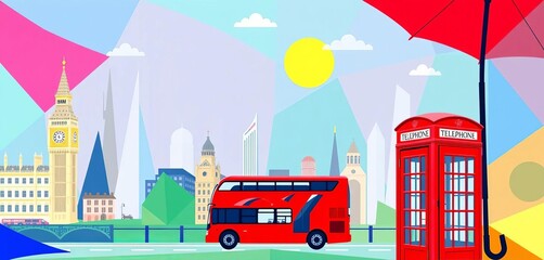 Geometric London cityscape banner Colorful modular design featuring iconic landmarks, red bus, telephone box, umbrella Vector illustration,  tourism,  flyer