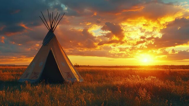 Colorful sunset illuminates traditional teepee in expansive grassland with clouds