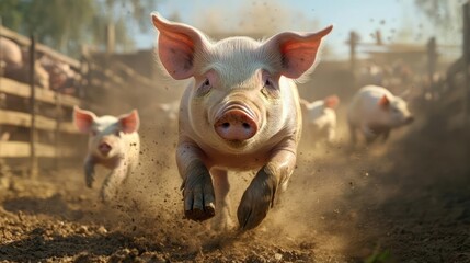 Close Up Of A Pig Running Towards The Camera With Other Pigs In A Farm Environment
