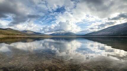 Obraz premium Serene Mountain Lake Reflection Stunning Cloudscape Over Crystal Clear Water and Majestic Peaks