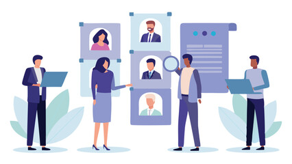 People reviewing candidate profiles with laptops and magnifying glass for job recruitment process shown