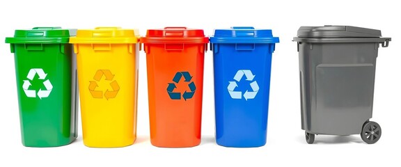 Four color-coded recycling bins (green, red, yellow, blue) and a gray trash dumpster isolated on white , graphic, environmental protection