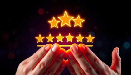 Hands gently hold glowing stars above a stylized rating system,  service,  business