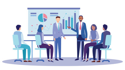 Illustration of a business presentation with a presenter and several seated attendees in a meeting room