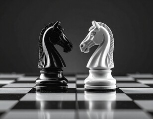 Black and white artistic photo of two knight pieces in strategic duel on a checkered board, symbolizing mental conflict