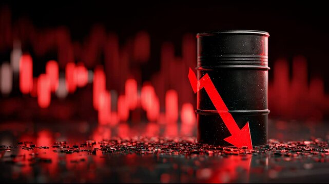 A red arrow pointing down on an oil barrel. The background is blurred with red elements like candlestick graphs.