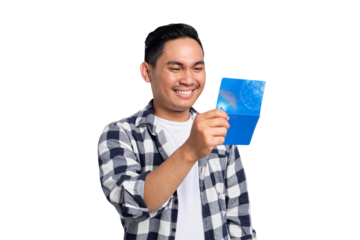 Happy young Asian man in casual shirt looking at saving account passbook isolated on transparent background